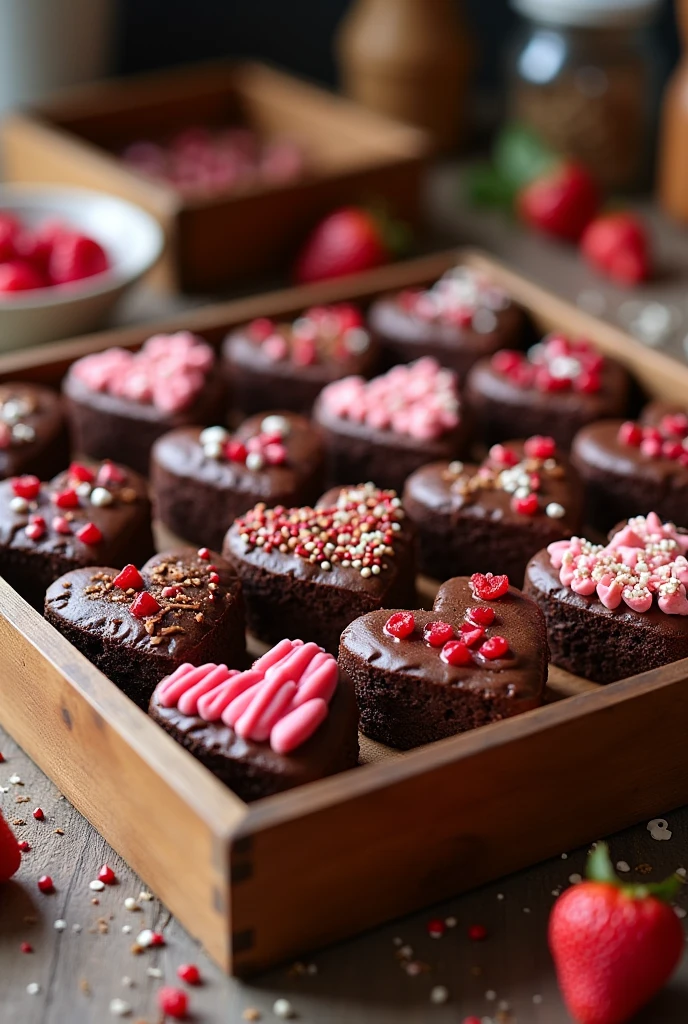 A box of heart-shaped brownies with colorful toppings