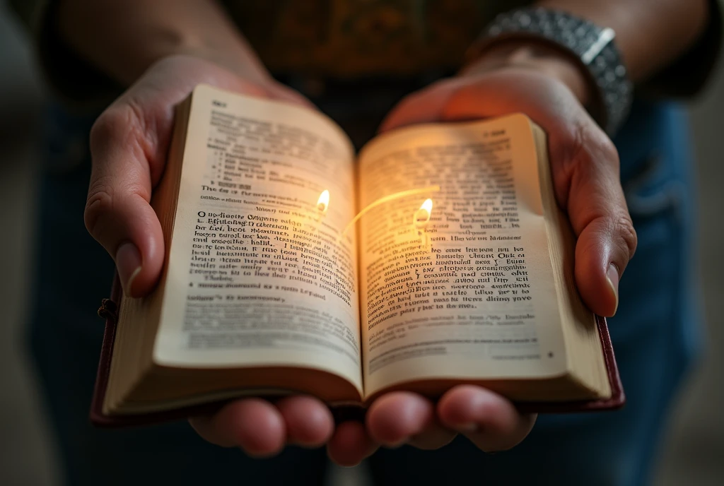 A close-up of a pair of hands holding an open Bible, highlighted, showing the text 'I can do all things through Christ who strengthens me,' with a warm light illuminating the page."