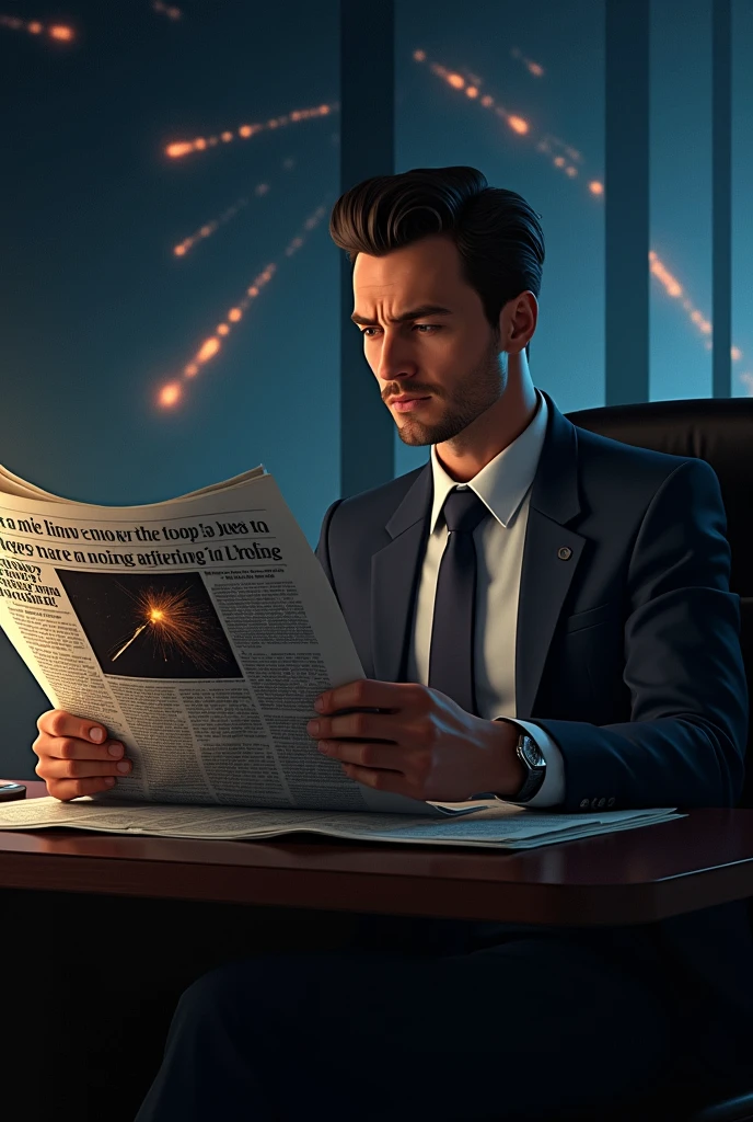 A man in a suit was reading a news story in the newspaper about a meteor shower.. It was obvious because of the image of some flaming meteors streaking across the night sky..