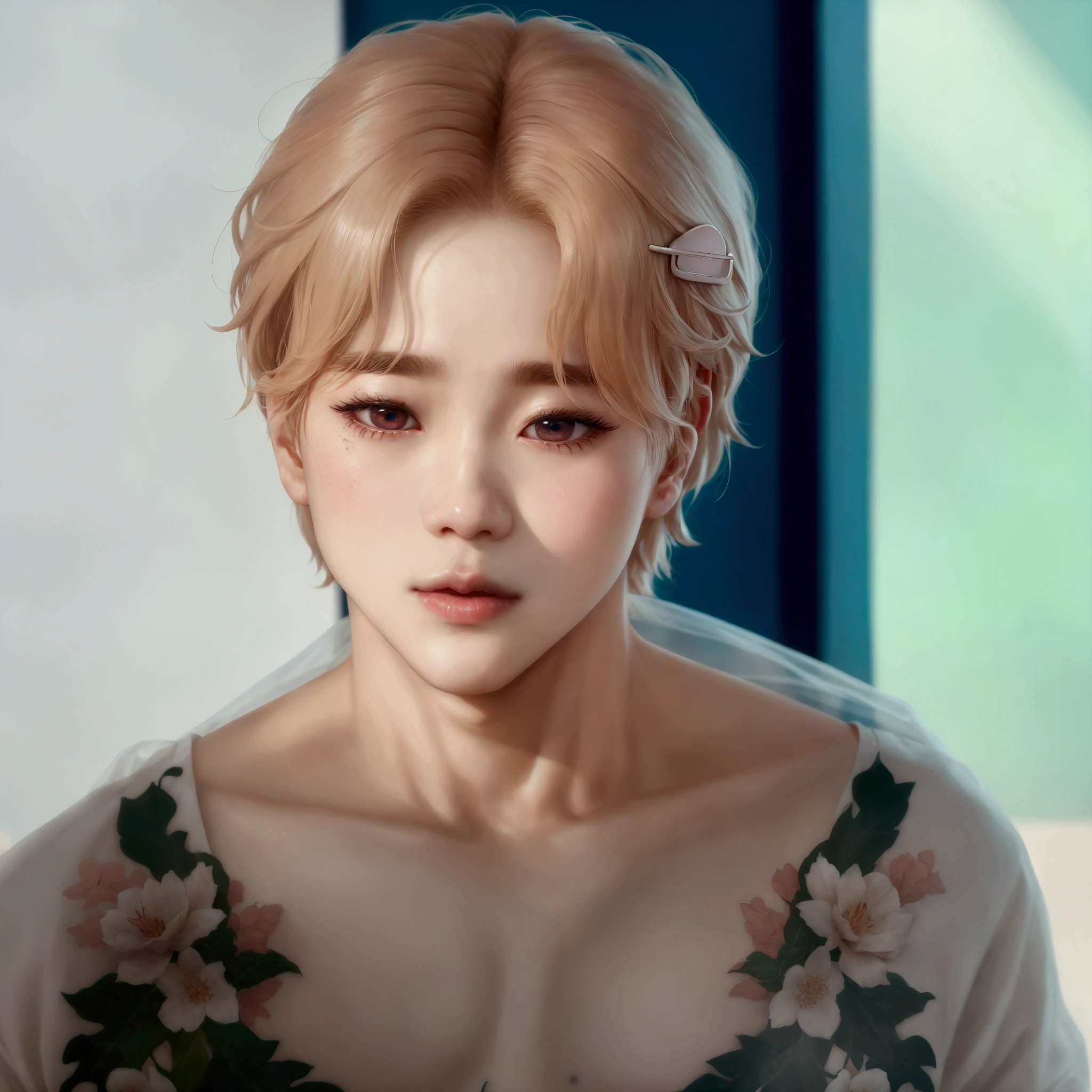 a close up of a person with a hair clip in their hair, park jimin, jimin\'s plump lips, jung jaehyun, jimin, accurate jimin face, jimin\'s grecian nose, cai xukun, jimin\'s right eyelid swollen, kim doyoung, taejune kim, wan adorable korean face, delicate androgynous prince, hyung tae