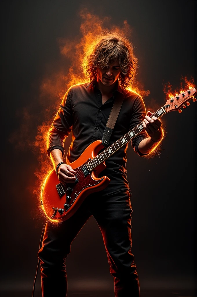 imagem realista 4k, name Márcio STUCK on the guitar, and on a black wall with fire 