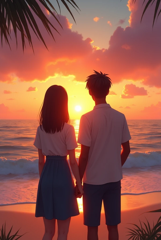 Please create a couple with straight brown hair and brown skin watching a sunset in front of the beach They look at the sun, woman has short hair, be realist