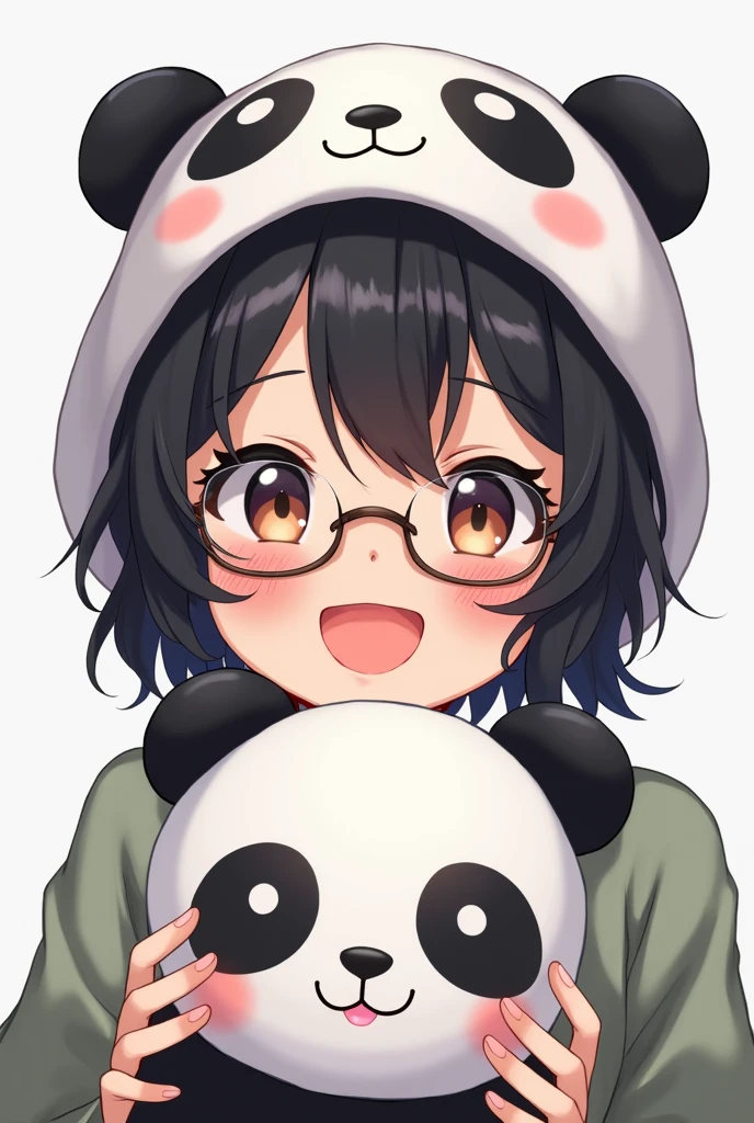 , shorth hair, blackw, wavy, panda hat, glasses, ssmile, plush, panda, close-up, white background, no back ground, portraite, Youngh, happy, funny, kawaii.