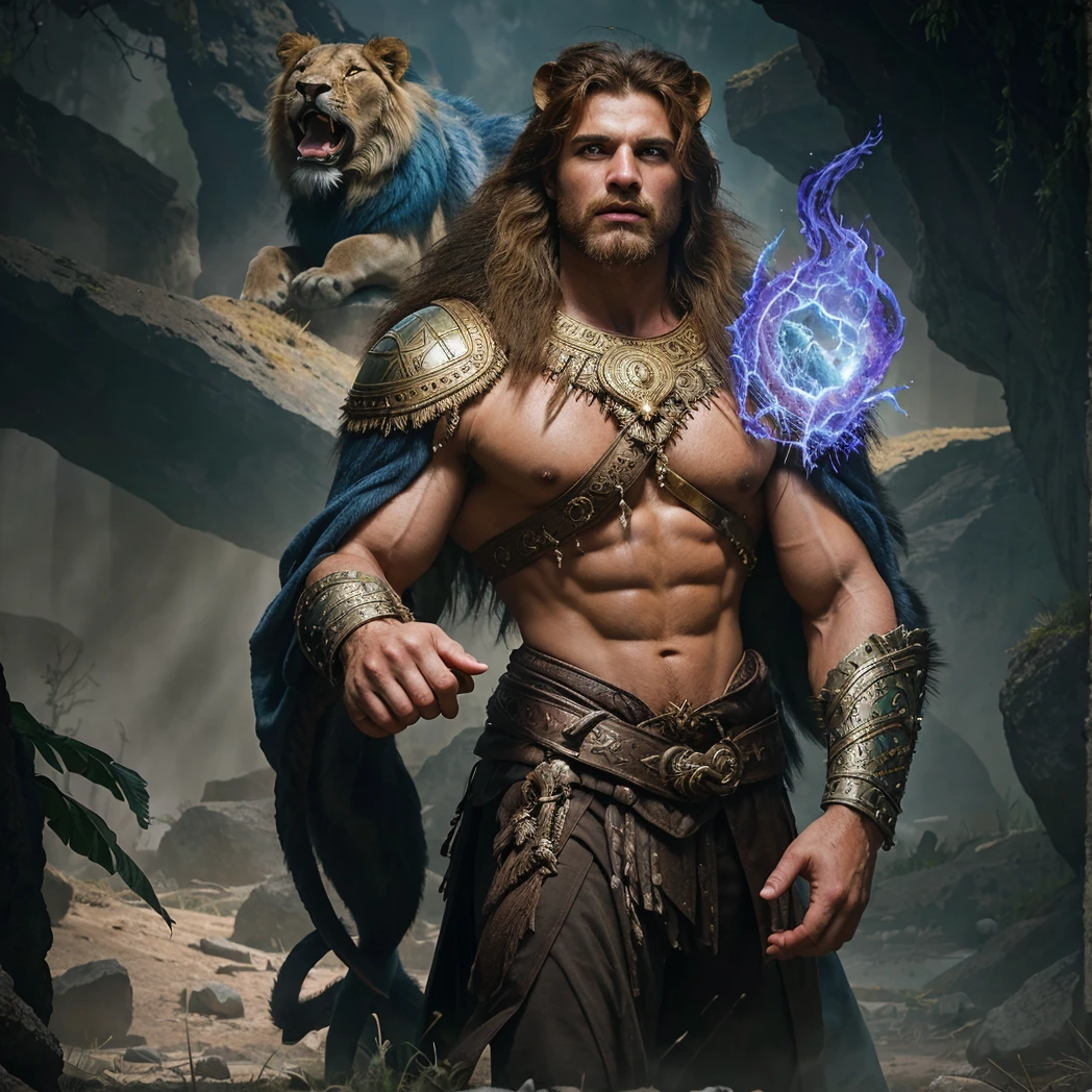 a majestic lion roaring angrily in the wild, a powerful Greek warrior fighting the lion, high resolution, super detailed, professional, studio lighting, HDR, bright colors, clear focus, intense expression, sharp blue eyes, strong physique, elegant fur, the scene shot from behind as if taken by a camera, dusty, green grass visible in the background, sci-fi game concept art style, capturing the power of wilderness, fine art nature photography, fascinating, spectacular lighting, contrast of light and shadow, minimalist composition, a true masterpiece, Hercules standing tall as the embodiment of strength and courage, heroic depiction of the legendary demigod and son of Zeus, adorned in the iconic lion's skin, muscles rippling, surrounded by ancient Greek mythology castle, full body shot portrait 