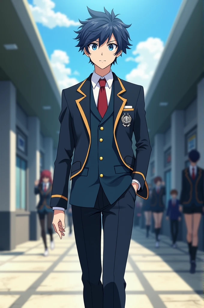 Boku No Hero Academy Screenshot.
Man with medium-long hair with a wolf cut and blue eyes wearing the UA uniform and standing in the middle of the UA hallways walking