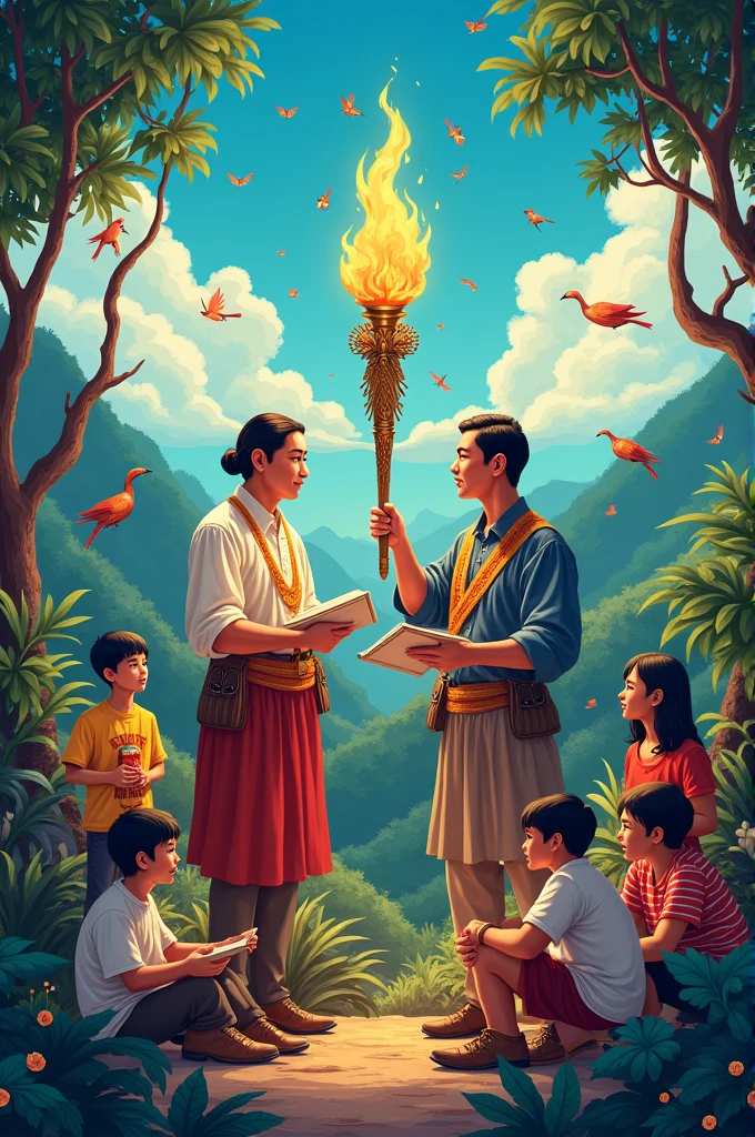 Create poster .
With jose rizal
Lapu lapu
Kids studying
Igorot
A world with playing birds
And an olympic torch