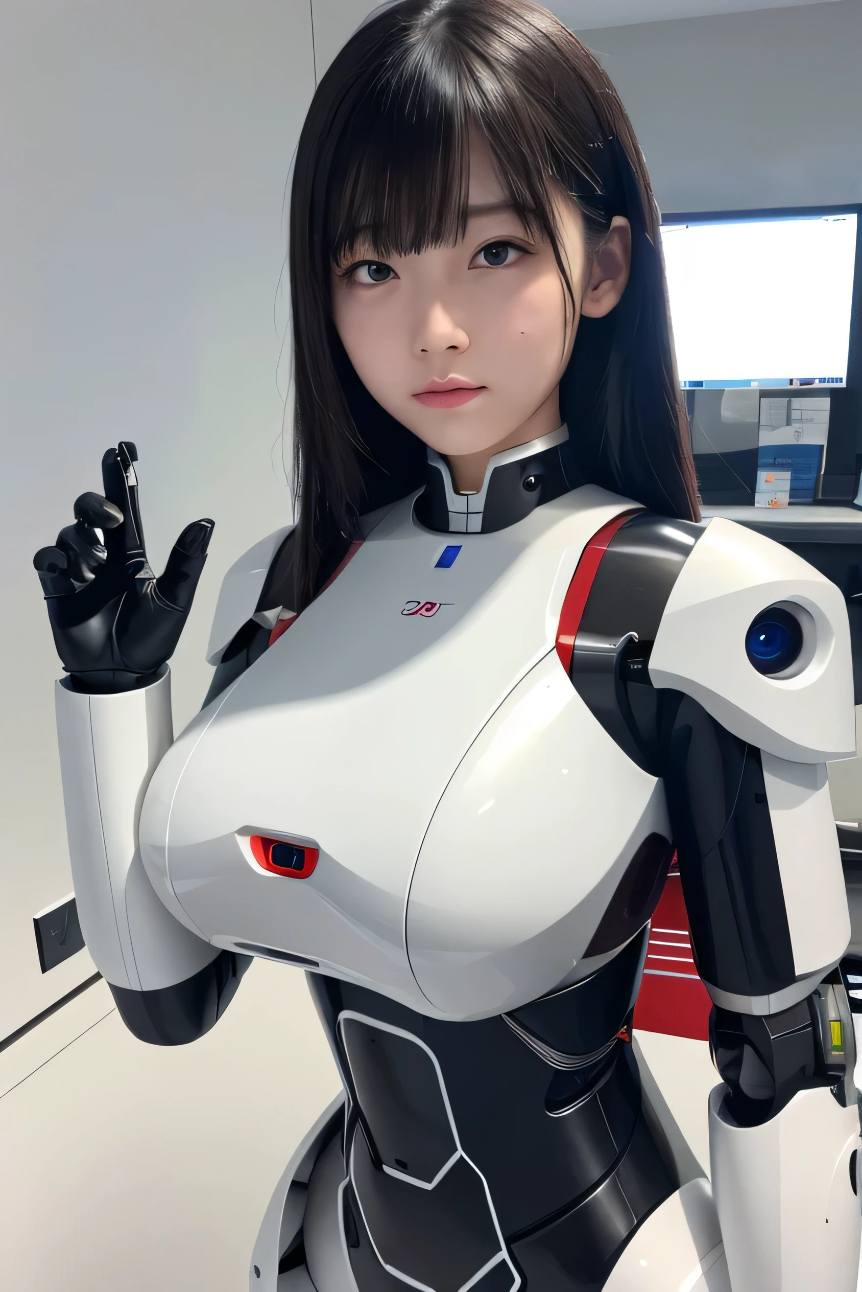 masterpiece, best quality, extremely detailed, portrait,Japaese android girl,Plump,a bit chubby,control panels,android,Droid,Mechanical Hand, ,Robot arms and legs, Black hair,Mechanical body,Blunt bangs,White Robotics Parts,perfect robot woman,Charging spot,Long Tube,A thick cable was connected to her neck,perfect mechanical body,white robotics body,future assembly plant,white body,She has repaired,black sponge joints,android assembly plant,android,laboratory,perfect machine body,white robot body,rolling eyes