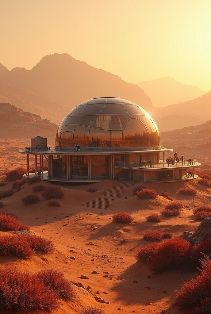 A HOUSE FOR THE FUTURE THAT MEETS THIS: Martian landscape: Imagine your house located in a Martian environment with ochre-colored skies, mountains on the horizon, and a light atmosphere that suggests an air different from that of Earth. The windows of the house could show views of a Martian landscape with strange vegetation and rivers reflecting the light of a weaker, redder sun..
Fusion Architecture: The house could mix elements of terrestrial architecture with Martian touches, as translucent dome structures that filter Martian sunlight, curved and organic walls, and materials that appear to be made of a mixture of extraterrestrial glass and metal.
advanced technology: Include futuristic technological devices and gadgets in your drawing, as floating screens, holographic communication systems, and smart furniture that adapts to the user's needs. The house could have an internal climate control system that simulates different seasons of the year, adapting to the martian aridity.
Extraterrestrial Garden: Think of an indoor or outdoor garden where exotic plants brought from Mars grow., with flowers that glow softly in the dark or trees that have metallic leaves that capture the little Martian sunlight. This garden would be an oasis of life in the arid environment of the planet.
Feeling of Nostalgia: The house could reflect a certain air of nostalgia for the Earth., with objects and decorations reminiscent of the past, like vintage style furniture, photographs or paintings showing earthly landscapes. This is mixed with Martian elements to create a home that is both a refuge from the past and a vision of the future.. make it as a sketch to draw it