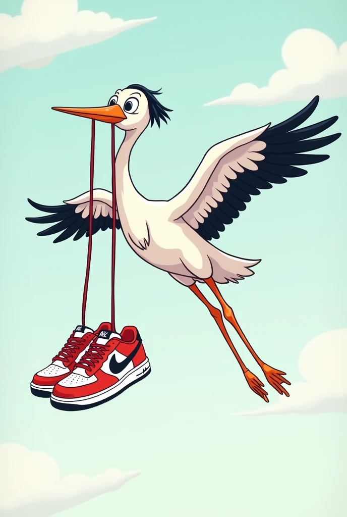 Stork flying with Nike Air Force | low retro branco/red hanging from the mouth by the shoelaces, cartoon image for instagram profile picture, keep the same image but with the stork smiling