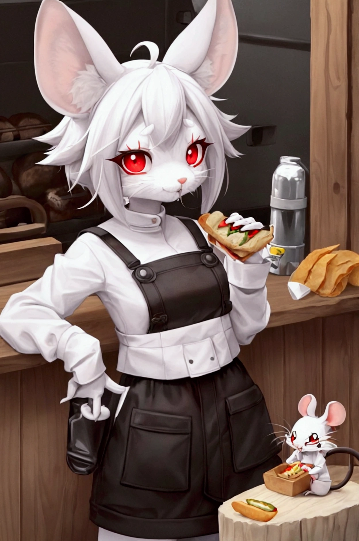 Mouse girl, white fur, Red eyes, black pupils, thin rat whiskers, Red jumpsuit, Opening a fridge and eating a sandwich with fries, High definition , rat tail, Mouse ear, Anthropomorphic, Furry,Short hair, Hairless rat tail,Farmer's clothing 