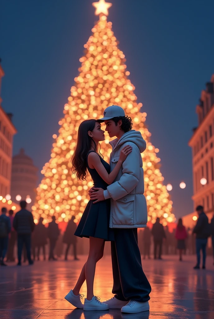 Disney Pixar style cover, a girl in a black sleeveless dress white sneakers, long straight hair hugging her partner from her shoulders who has a white cap where her hair is seen curly on the sides and a thick jacket, its color is white, she also has wide black pants that reach her ankle and white shoes, He hugs the girl around the waist as they look at each other, Behind it is a large Christmas tree in the shape of a triangle surrounded by people and it is at night where the splendor of the tree is impressive.