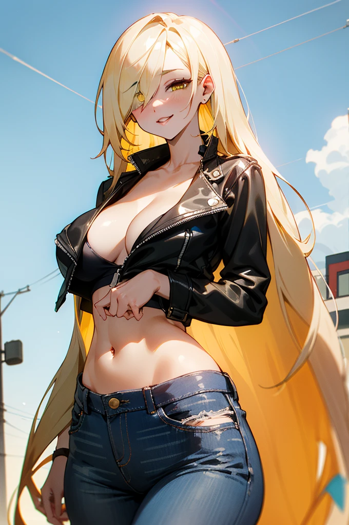 (masterpiece), Highest quality, Very detailed, One person (Ramping, Slender and sexy body, large and clean breasts, blonde_hair, very long hair (hair over one eye:1.3), Yellow Eyes, Half-closed eyes), Fascinating face, Wicked Smile, Lips parted, alone, Black leather jacket, White tank_superior, Cleavage, belly button, Denim hot pants, Outdoor, street, Are standing, Seduce your sexy waist