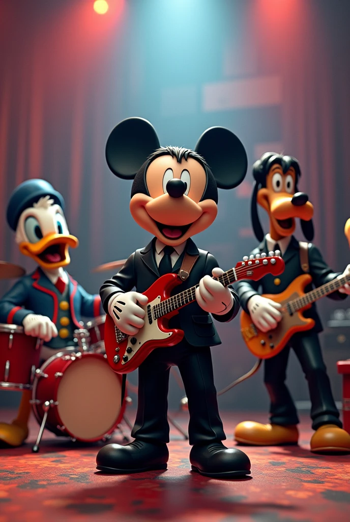 Mickey, Pato Donald, goofy and pluto dressed as the beatles