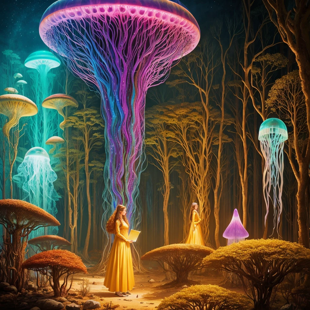 golden hour, paranormal activities, surreal illustration of a colorful forrest with weird trees, beautiful young woman with face of Janina Porazińska morphed with Anne Hathaway with jellyfish hairdo, gigantic jellyfish ufo, log cabin morphed with  gigantic tree, hedgehog giraffe, swing, color pencil art in style of zdzisław beksiński