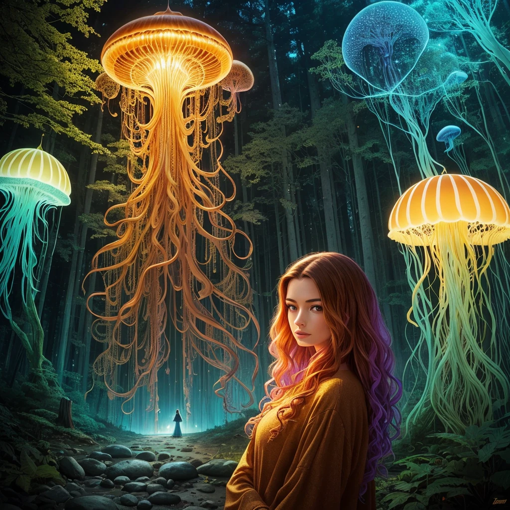 golden hour, paranormal activities, surreal illustration of a colorful forrest with weird trees, beautiful young woman with face of Janina Porazińska morphed with Anne Hathaway with jellyfish hairdo, gigantic jellyfish ufo, log cabin morphed with gigantic tree, hedgehog giraffe, swing, color pencil art in style of zdzisław beksiński