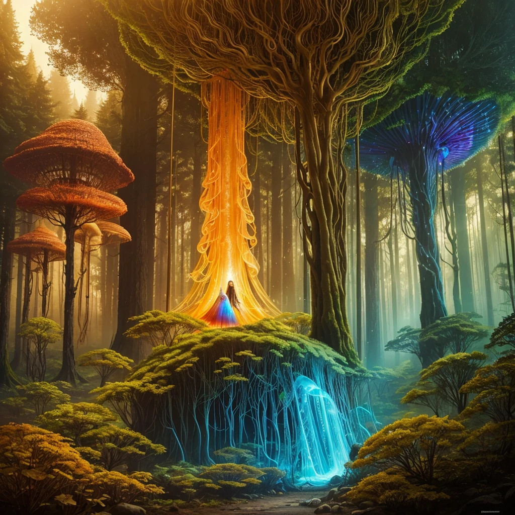 golden hour, paranormal activities, surreal illustration of a colorful forrest with weird trees, beautiful young woman with face of Janina Porazińska morphed with Anne Hathaway with jellyfish hairdo, gigantic jellyfish ufo, log cabin morphed with gigantic tree, hedgehog giraffe, swing, color pencil art in style of zdzisław beksiński