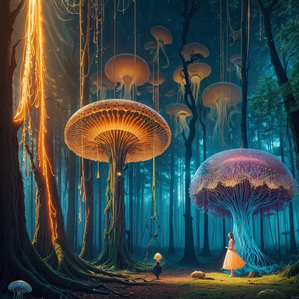 golden hour, paranormal activities, surreal illustration of a colorful forrest with weird trees, beautiful young woman with face of Janina Porazińska morphed with Anne Hathaway with jellyfish hairdo, gigantic jellyfish ufo, log cabin morphed with gigantic tree, hedgehog giraffe, swing, color pencil art in style of zdzisław beksiński