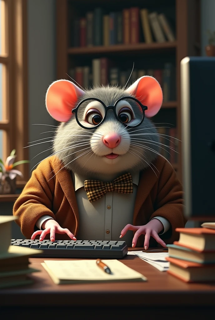 Create an image of a very fat rat with a mustache and glasses, sitting at a computer.