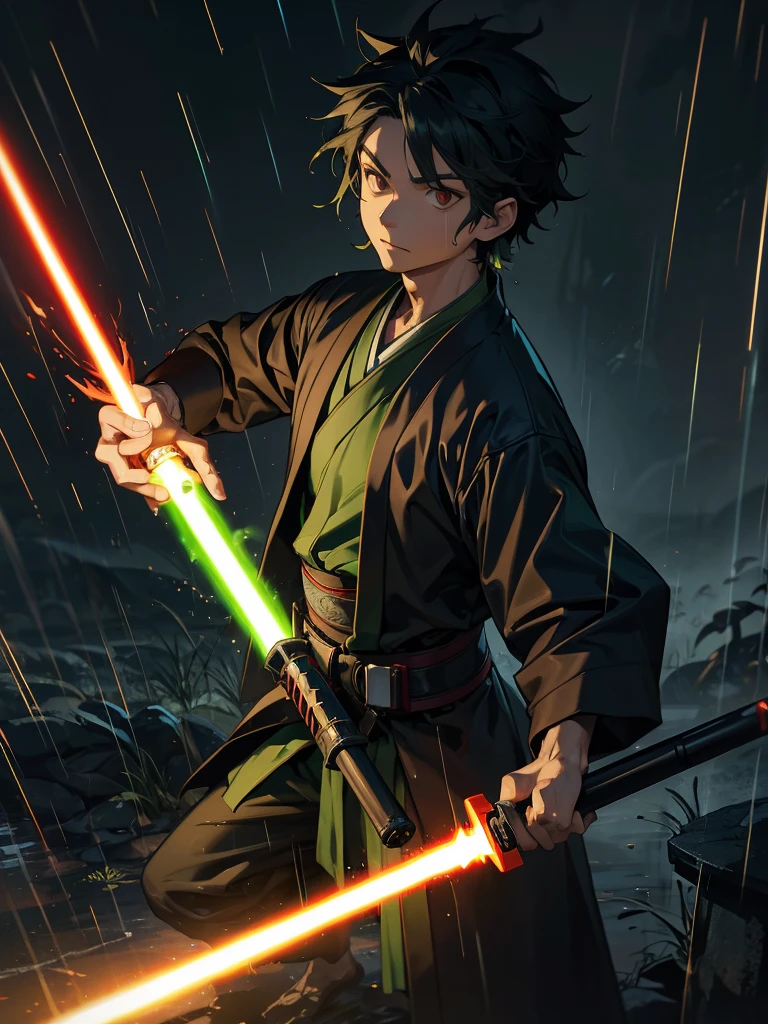 tanjiro kamado as demon slayer, in jedi clothing and using a green lightsaber, in the rain at night