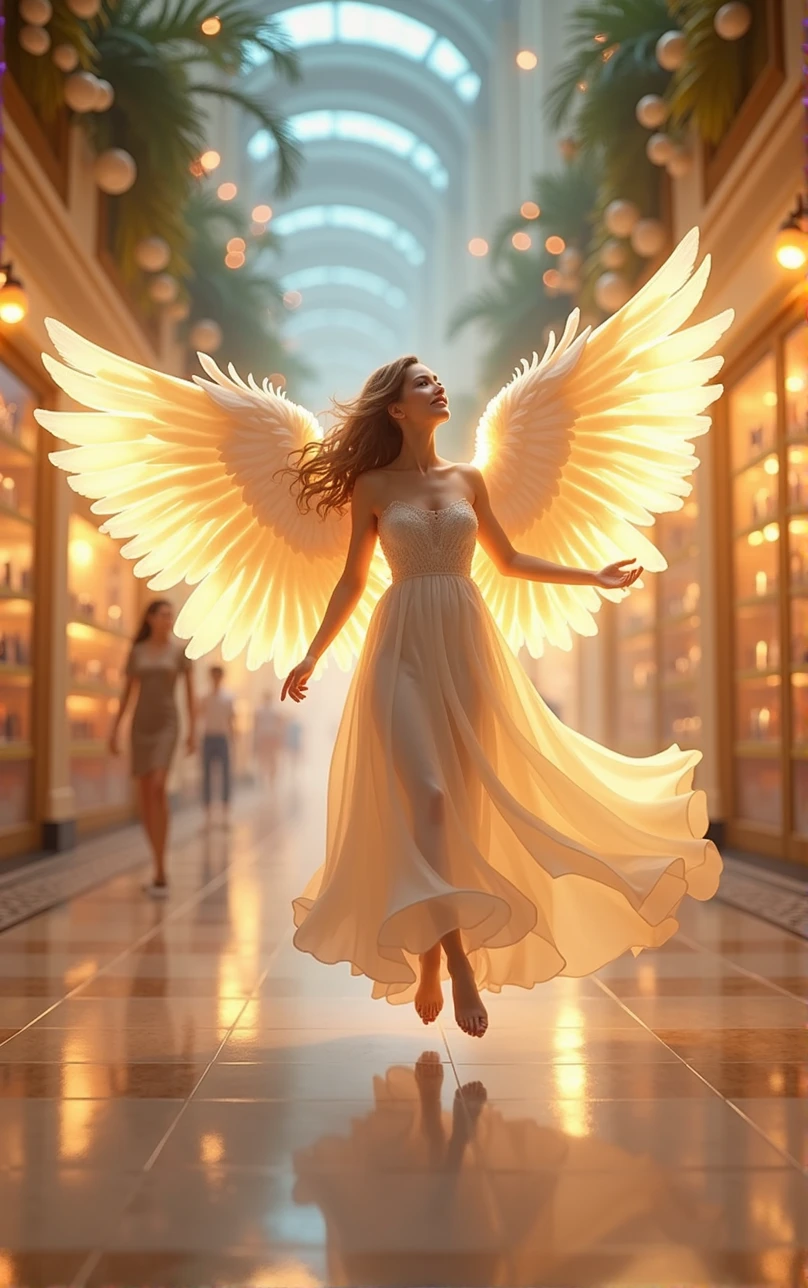 A graceful angel with radiant wings, flying through a celestial shopping mall filled with glowing storefronts and ethereal products. The angel has a joyful expression, marveling at the heavenly items displayed in the windows. The background is adorned with soft, shimmering lights and celestial decor.
