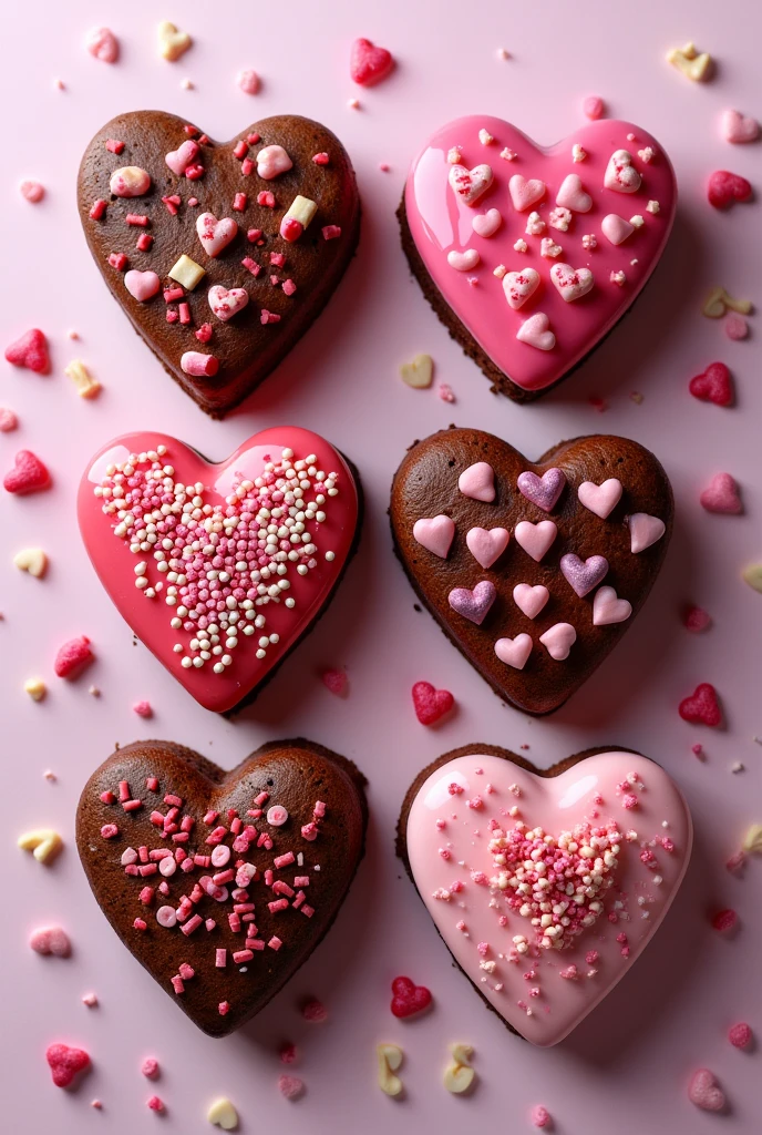 A box of heart-shaped brownies with colorful toppings. Solo 6 brownies