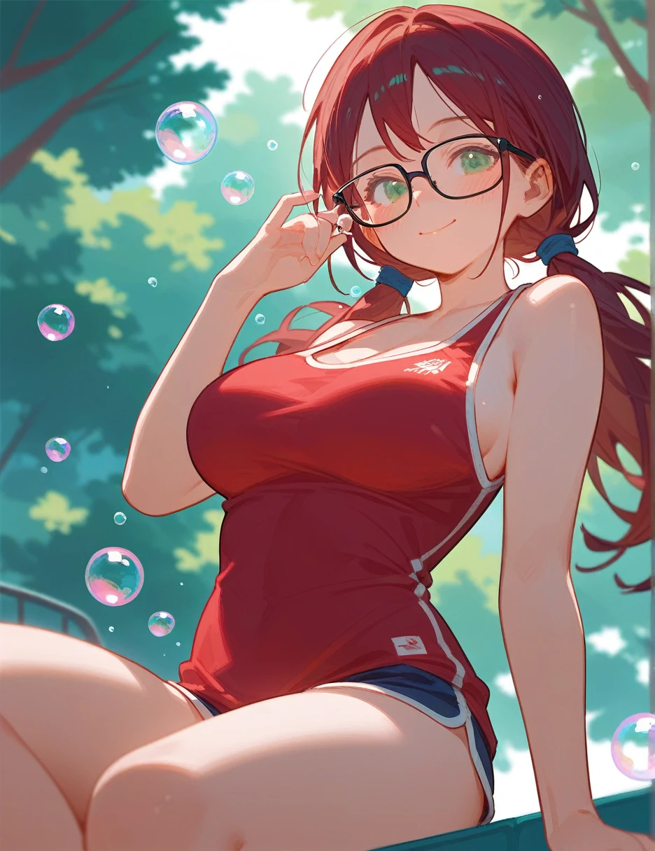 (from below:0.4), score_9_up,score_8_up, 1girl, solo, green eyes, burgundy hair, twin low tails, long hair, ((blush)), singlet, closed mouth, smile, big breast, pose, ((sitting)), (thin girl:1.2), (bubbles), ((entertainment park)), glasses,
