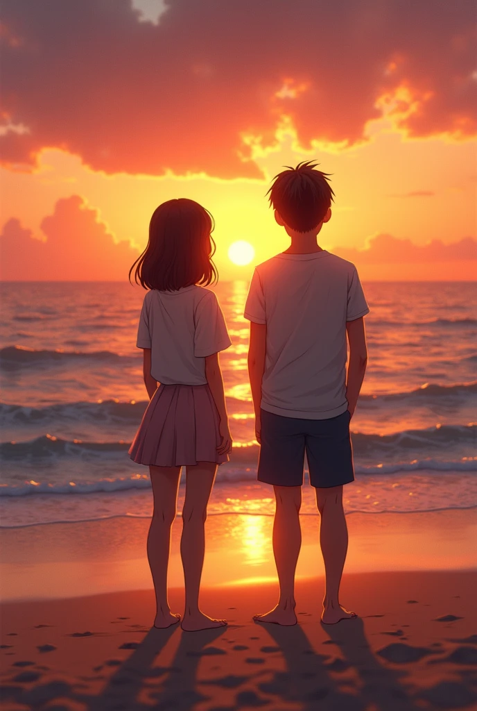 Please create a couple with straight brown hair and brown skin watching a sunset in front of the beach They look at the sun, woman has short hair, be realist 