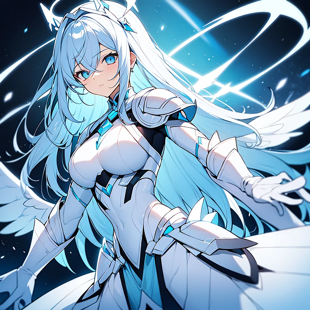 Woman with white and light blue hair, diamond armor with white clothes , black gloves, clear blue eyes, white angel wings and a light blue halo with a serious non-sexualized look