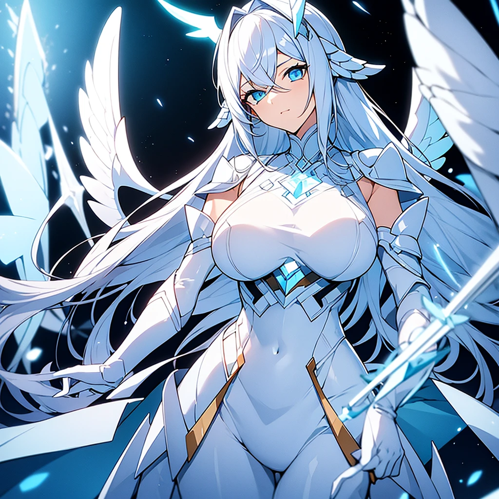 Woman with white and light blue hair, diamond armor with white clothes , black gloves, clear blue eyes, white angel wings and a light blue halo with a serious non-sexualized look 