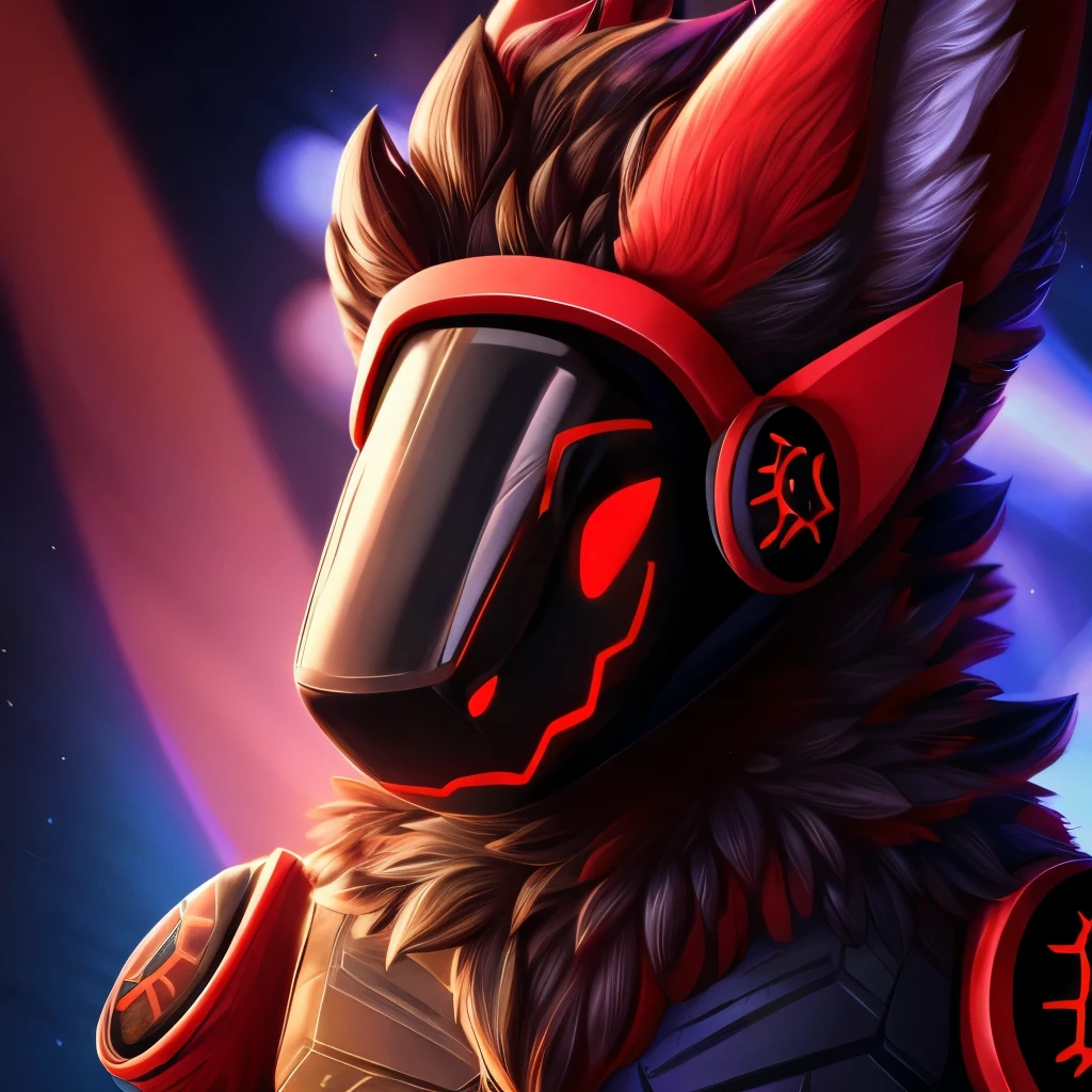 a red-black protogen, extremely detailed protogen face with visor, furry male, intricate robotic details, highly detailed, dramatic shadows, vibrant colors, 8K resolution, happy face, cute, two ears, two eyes, four ears