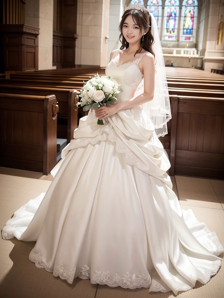 Photo-realistic quality、a woman in a Wedding dress holding a bouquet of flowers、Standing in front of the church、20 year old Japanese model、白のWedding dress,Hanae Mori style wedding dress、Japanese Idol、lace prom dresses、looking at the camera、Cute smile、Handsome、Clean atmosphere、Relaxed and gentle expression、tsnndrinsholding a bouquet, Wedding dress, So magical and dreamy、35mm Lens aperture F2.Shot at 8、Full body photo、From head to toe、A long, wide wedding dress that covers the feet、Narrow waist