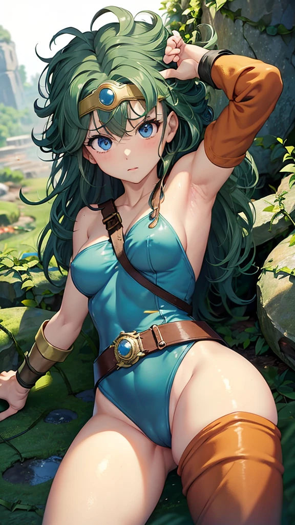 (((SFW、sound、Highest quality、Top notch work、Normal body、、Detailed face、Ultra-precision、normal hand、Normal refer、5refer、Highest)))、beautiful girl、Black Hair、yamato nadeshiko、Small breasts、Shortcuts、Blue leotard、Shoulder Off、Red Cape、Circlet、Dragon Quest、forest、(((stone punishment,His hands are tied with vines、Both legs are tied with vines)))