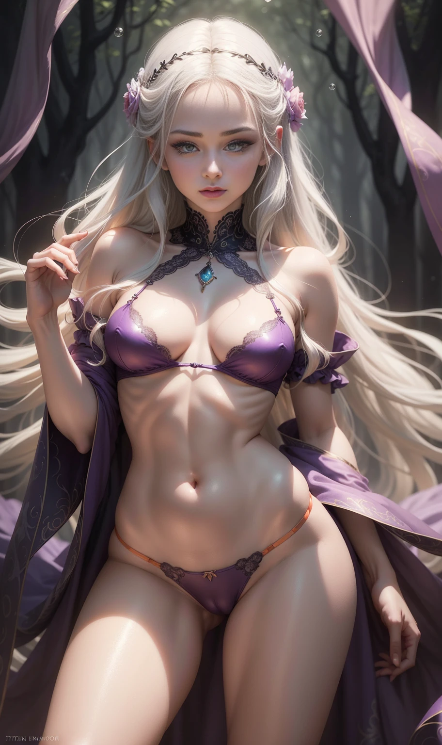 Masterpiece artwork, splendid, the best quality, An ethereal fantasy portrait of a pale witch with flowing white hair adorned in delicate, sheer fabrics that appear to float around her.. Soft focus and dreamy lighting create a magical atmosphere. Mystical landscape background in purple tones. Painted in the fantastic art style of Brian Froud, hyper sexualized, camel toe, erect nippleslips, Totally provocative, revealing_badass clothing, bubble_Rearend, tiny waist, sexually_suggestive, stilet heels, tit_squish, perfect hands, orange latex lingerie, fluorescent orange panties, string lingerie, seminua, quase nua, stand up, dark orange latex thong panties