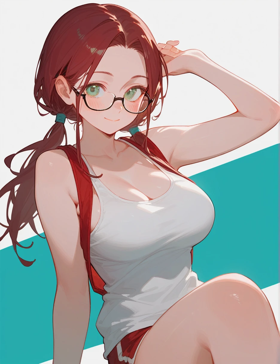 (from below:0.4), score_9_up,score_8_up, 1girl, solo, green eyes, burgundy hair,  twin low tails, long hair, ofmciant, ((blush)), singlet, closed mouth, smile, big breast, pose, ((sitting)),  (thin girl:1.2), glasses, 