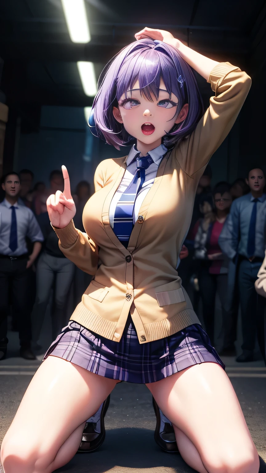 (Very detailed CG Unity 8K wallpaper),(masterpiece), (Highest quality), (Very detailed), (Best illustrations),(Best Shadow)、Large Breasts、crowd、Standing and spreading legs pose、Ahegao、Purple eyes and very short purple hair、White blouse、Blue tie、Checked mini skirt、Beige cardigan、Dynamic Angle