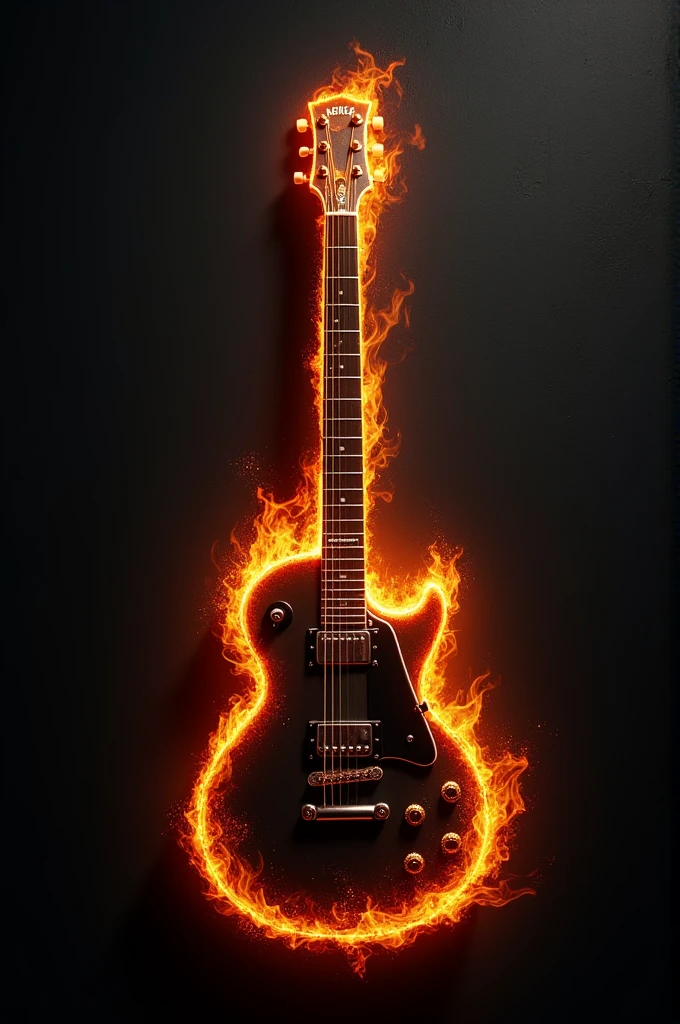 imagem realista 4k, name Márcio STUCK on the guitar, and on a black wall with fire Name Márcio in every corner