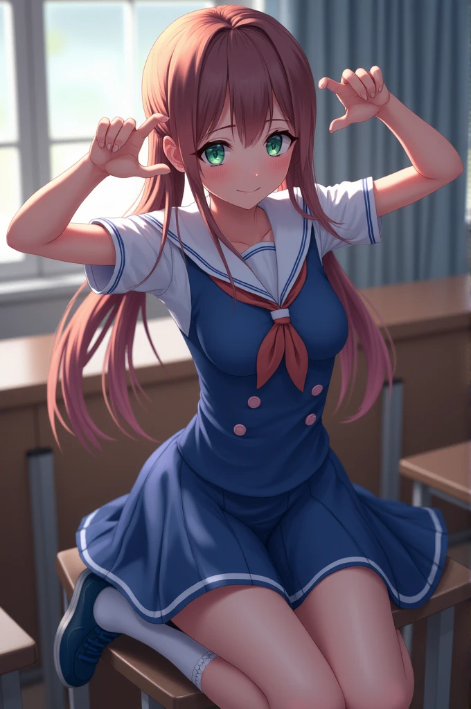 a cute anime school girl with big breasts, dark red hair in a ponytail, beautiful dark blue eyes, wearing a short pleated mini skirt, flashing her white panty, making a peace sign and smiling, intricate details, photorealistic, 8k, highly detailed, masterpiece, dramatic lighting, cinematic