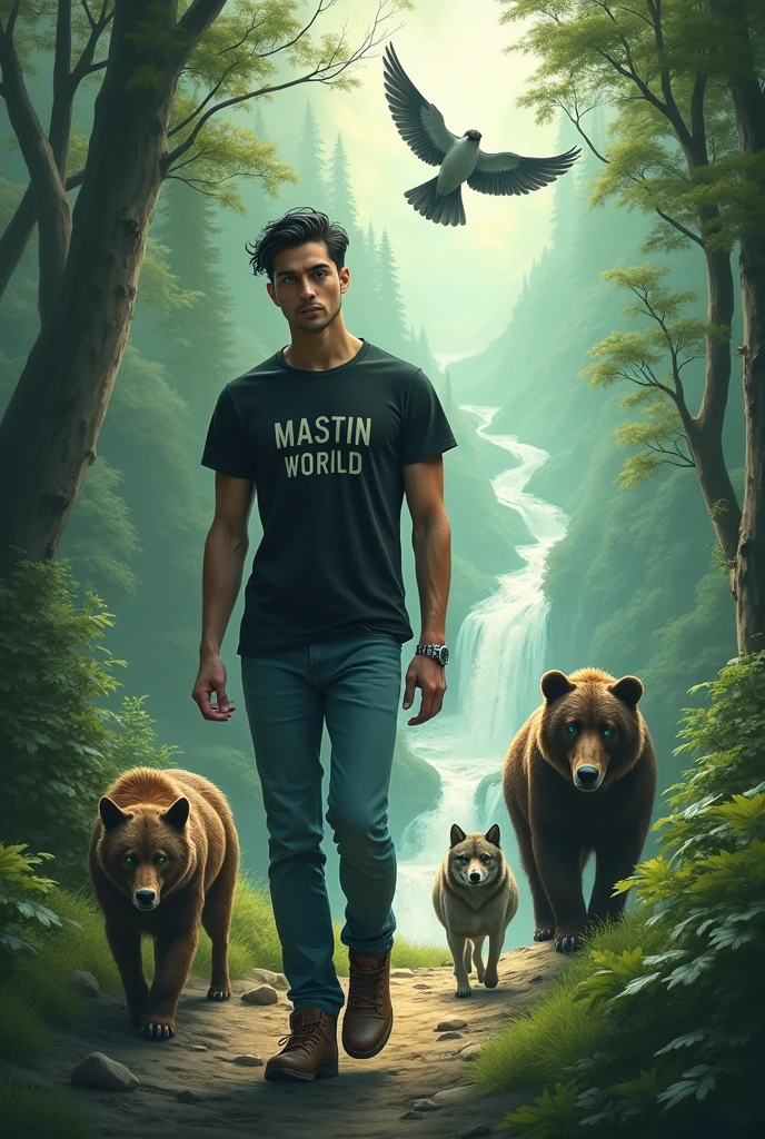 A 30-year-old man with black hair, very short cap , very white complexion,big green eyes , walking in profile , jeans dress , Mountain boots , Black T-shirt with the legend MASTIN WORLD, At his side walk a bear and a wolf and a swallow flies above him , They go into the forest and you see a river like a kekas