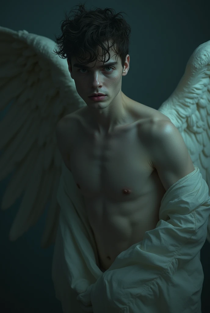 Make it like a book cover. A Fallen Angel. make him man, delicate and angelic, but keep the dark essence.