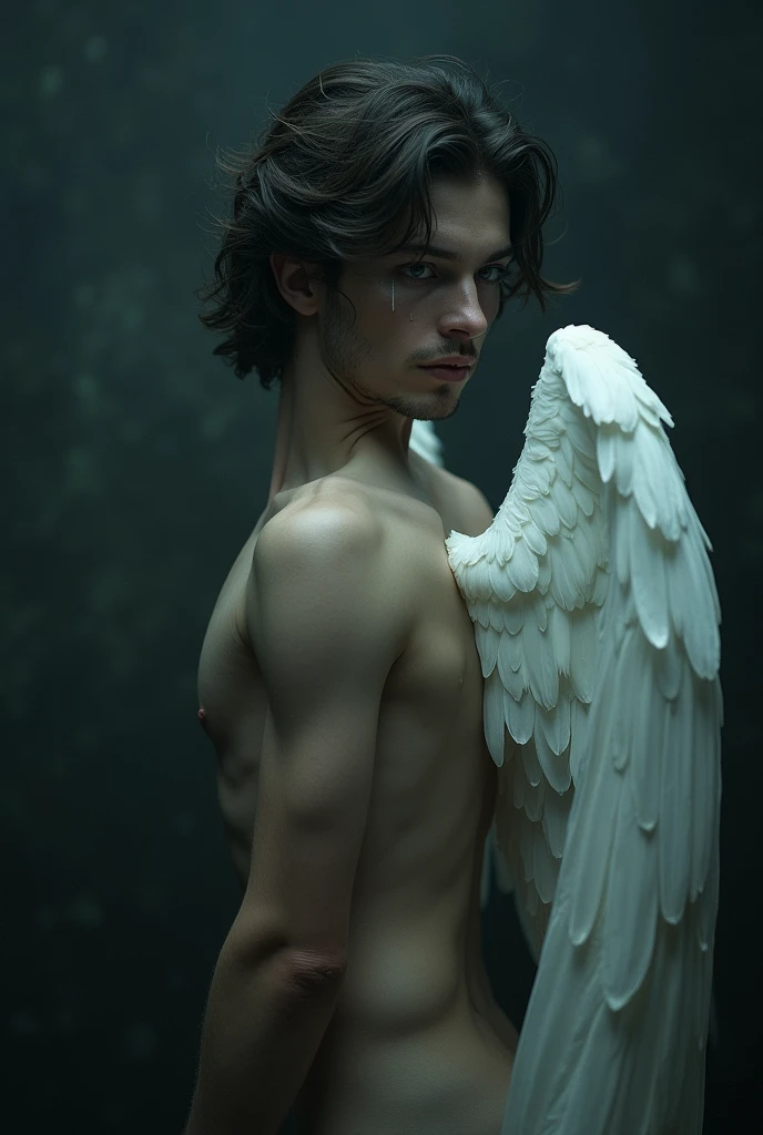 Make it like a book cover. A Fallen Angel. make him man, delicate and angelic, but keep the dark essence.