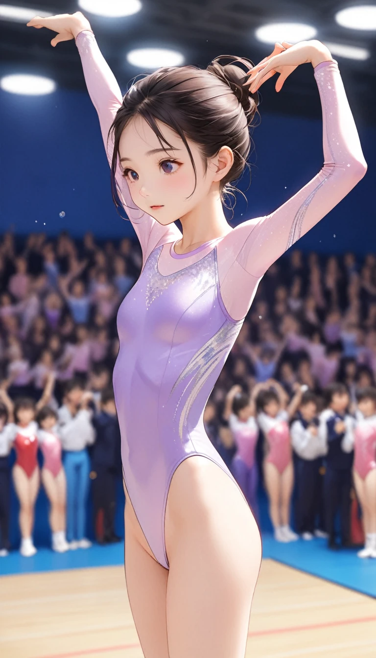 expensivequality illustration, masterpiece, Very delicate and beautiful, attractive,(Gymnastics leotard,Tight leotard,length_Leotard with sleeves,expensive_Leg leotard,athletic leotard),Purple ears,This is a short, Audience reaction,thin,Slender body,slim,expensive school,Gym,Gymnastics Club,