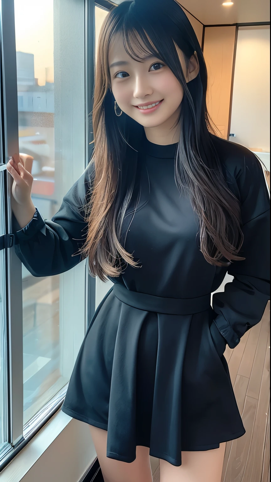 (Highest quality、32K、masterpiece、Ticker:1.2)、One Woman、((Beautiful Japanese Woman))、(beautiful girl)、Tight waist、A tight fitting black dress、20-year-old、Half Twin、(Cute pose:1.2)、(smile:1.5)、Standing by the window、