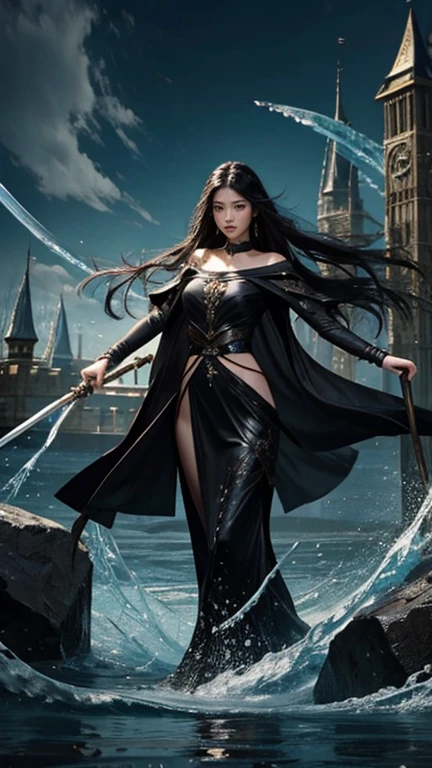 full body display、Fantasy World Inhabitants、masterpiece、Highest quality、A magic swordsman who controls water、Beautiful Woman、18-year-old female、One person、Abstract、Right hand raised up、Long black hair、warrior outfit、Water flows around the body、The background is the city of water.、