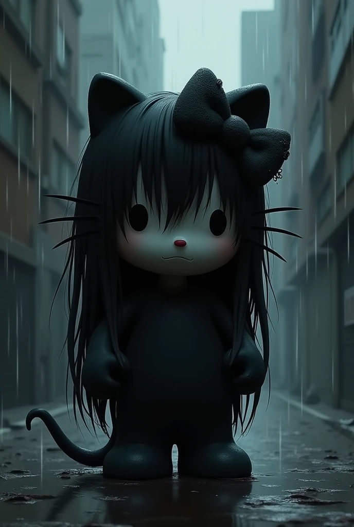 "Hello Kitty with a full black body, with dark shadows highlighting her sadness. Her face is depressed, with droopy eyes and a downturned mouth. Her hair is long and black, with strands falling over her face. She wears a black bow on her head, but it's worn and dirty. Her ears and tail are droopy, as if she's lost all her energy. In the background, a dark and rainy city, with tall buildings and dim lights. Hello Kitty seems to be alone, surrounded by darkness and sadness."

