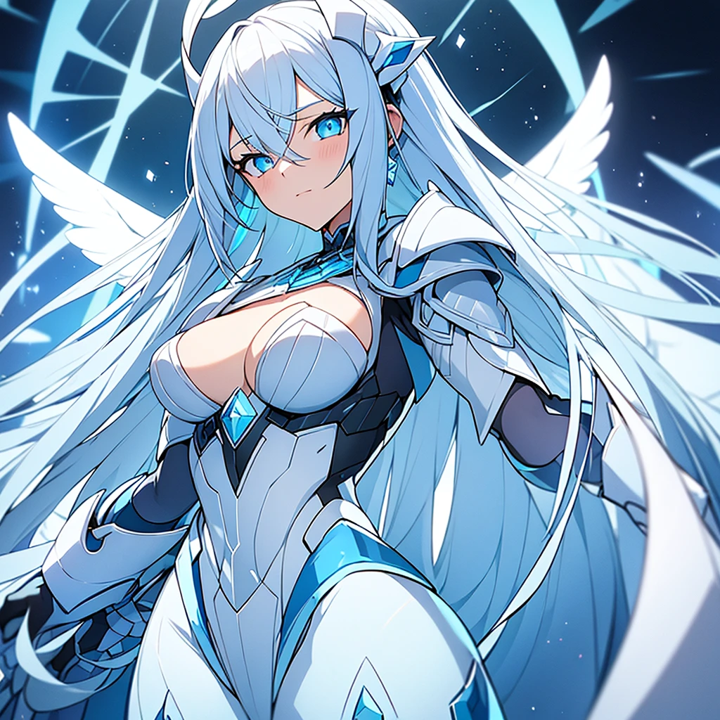 Woman with white and light blue hair, diamond armor with white clothes , black gloves, clear blue eyes, white angel wings and a light blue halo with a serious non-sexualized look 