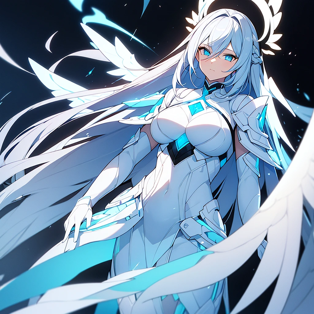 Woman with white and light blue hair, diamond armor with white clothes , black gloves, clear blue eyes, white angel wings and a light blue halo with a serious non-sexualized look