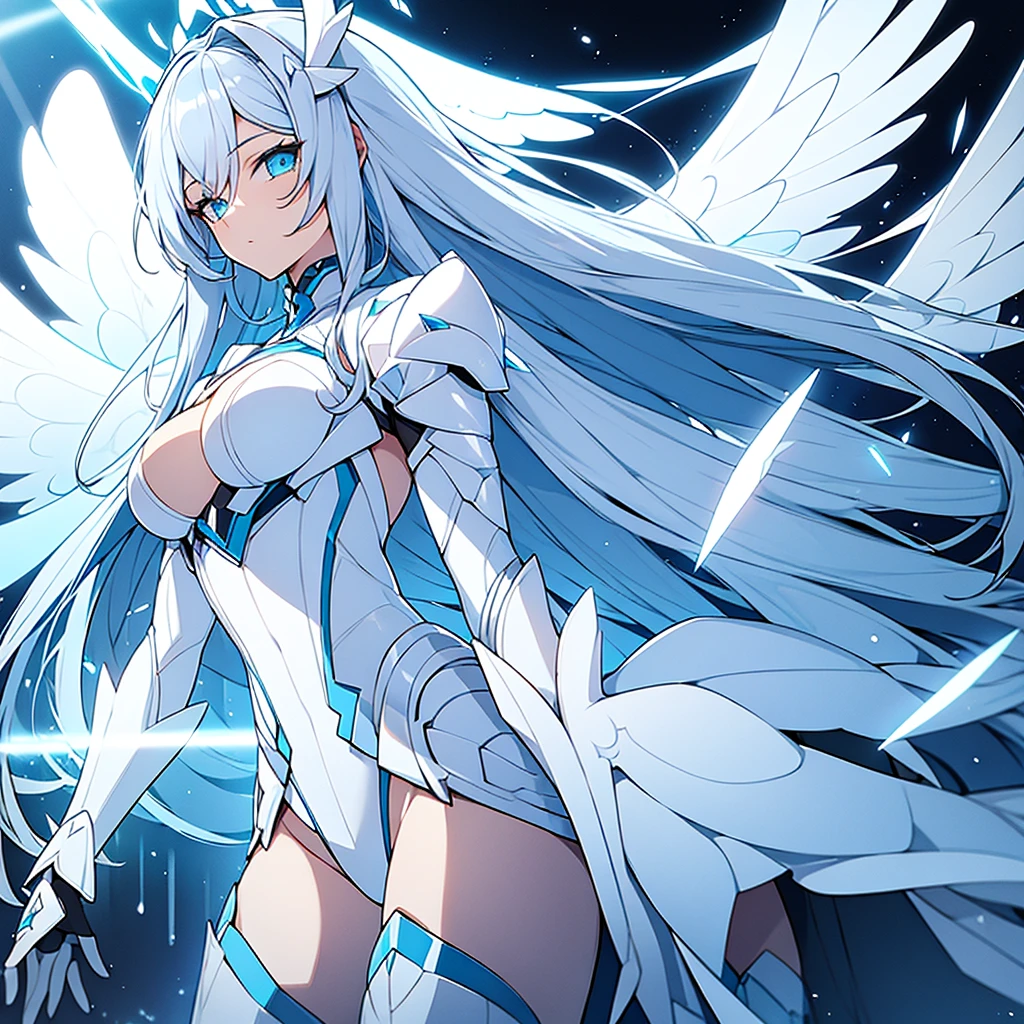 Woman with white and light blue hair, diamond armor with white clothes , black gloves, clear blue eyes, white angel wings and a light blue halo with a serious non-sexualized look 