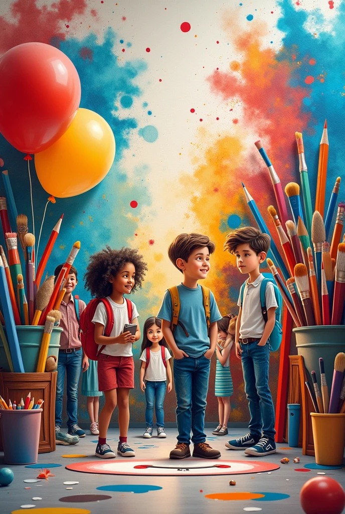 Mural with school supplies, and giant watercolors