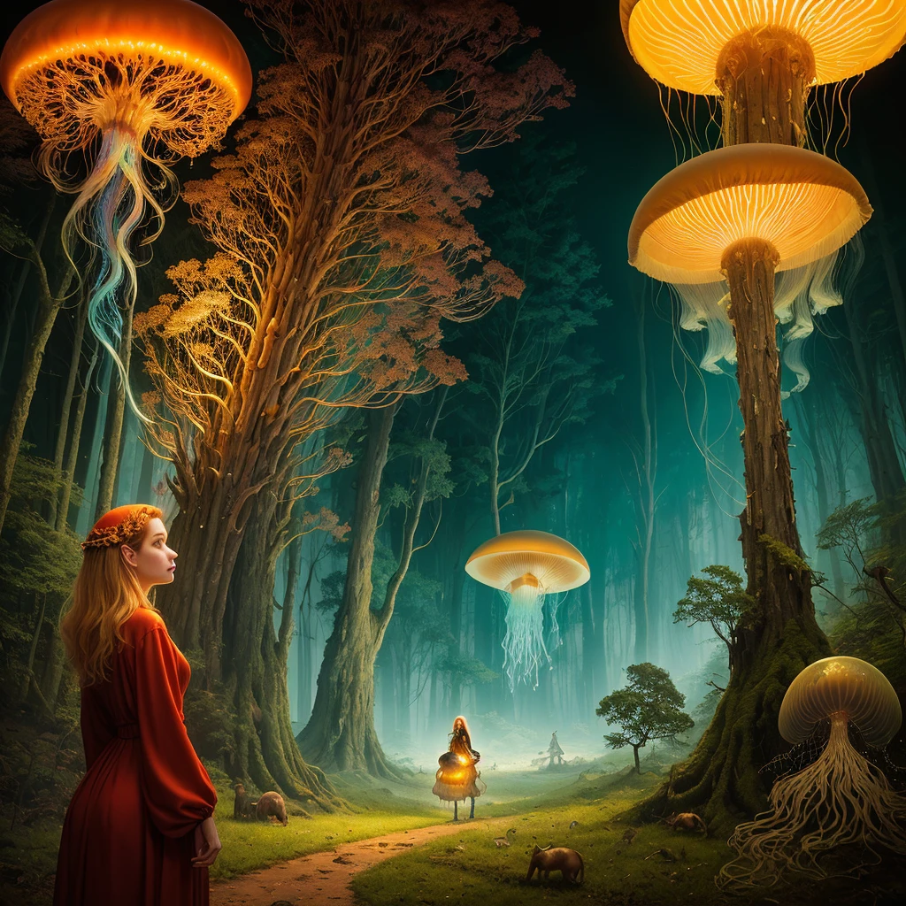golden hour, paranormal activities, surreal illustration of a colorful forrest with weird trees, beautiful young woman with face of Janina Porazińska morphed with Anne Hathaway with jellyfish hairdo, gigantic jellyfish ufo, log cabin morphed with gigantic tree, hedgehog giraffe, swing, color pencil art in style of zdzisław beksiński