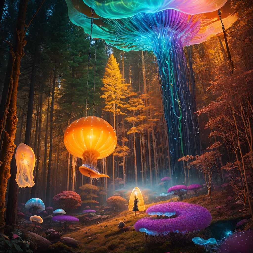 golden hour, paranormal activities, surreal illustration of a colorful forrest with weird trees, beautiful young woman with face of Janina Porazińska morphed with Anne Hathaway with jellyfish hairdo, gigantic jellyfish ufo, log cabin morphed with gigantic tree, hedgehog giraffe, swing, color pencil art in style of zdzisław beksiński